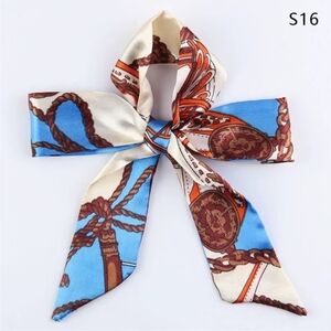 Silk-Feel Blue & Cream Knot Hair Scarf Bow